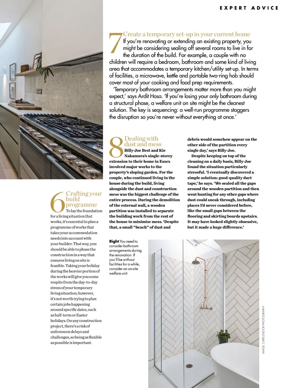 Magazine pages with advice about temporary kitchens, bathrooms and dust control