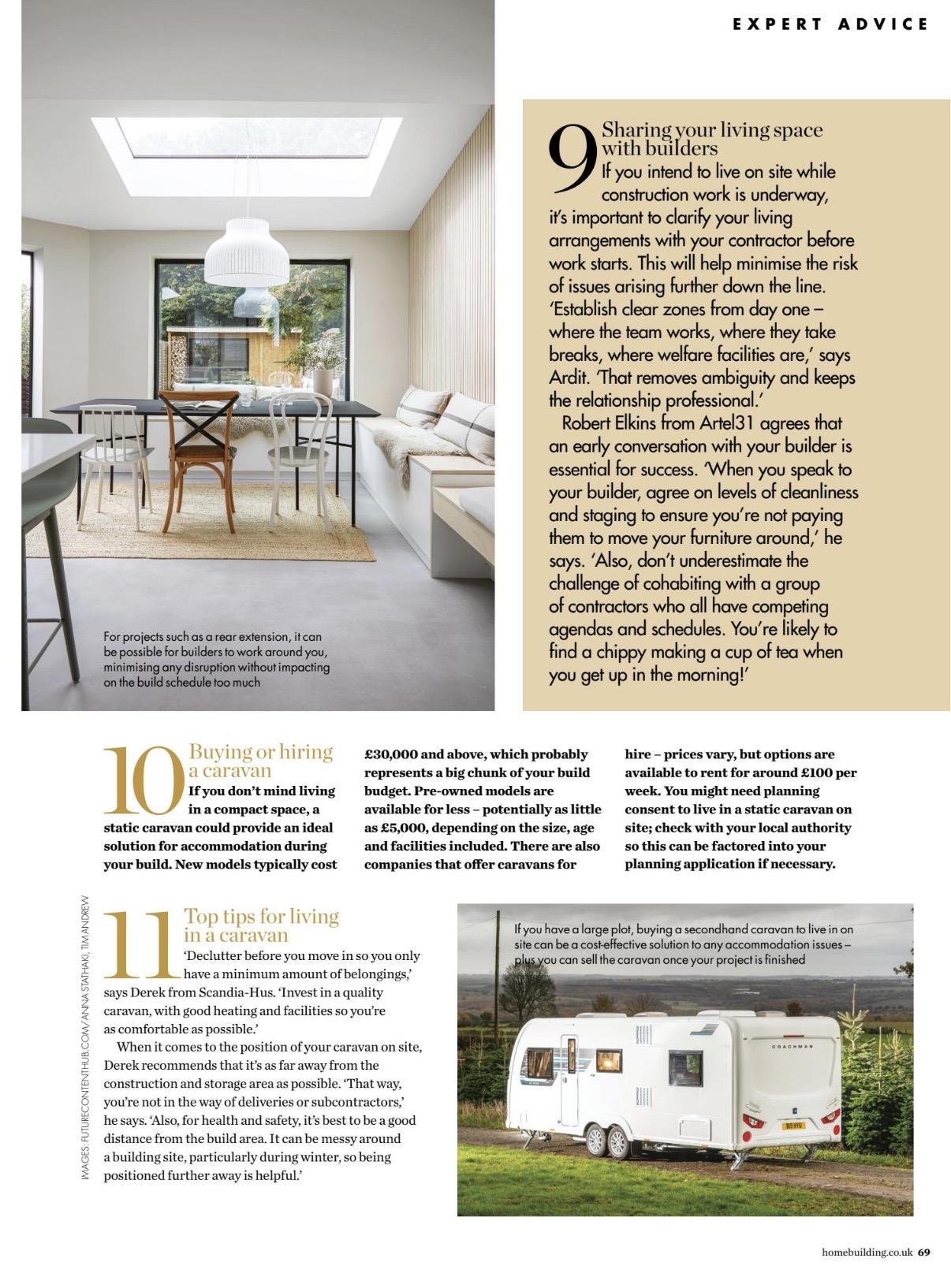 Magazine pages discussing sharing living space with builders and temporary accommodation